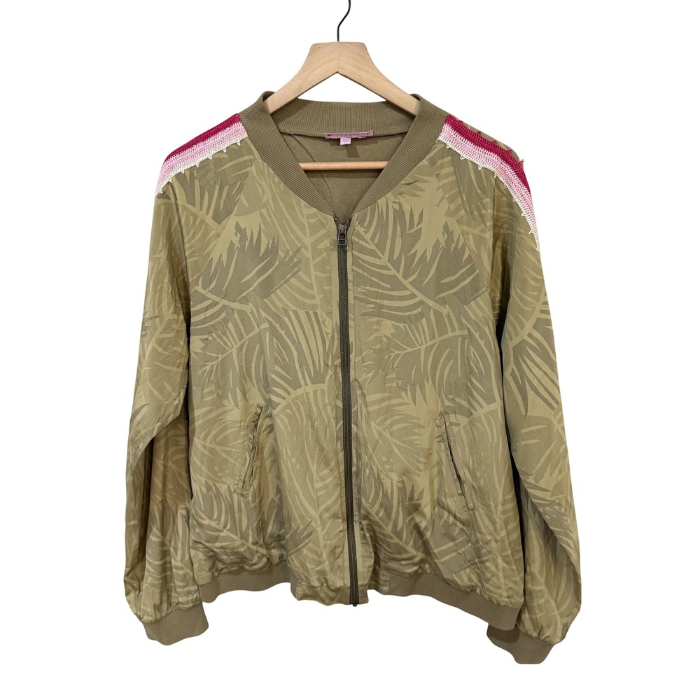 Calypso St. Barth Bomber Jacket L Olive Green Silk Palm Print Crochet Trim